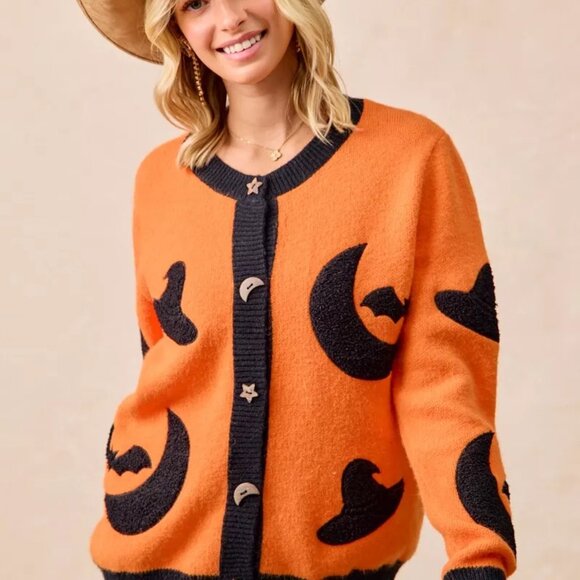 BiBi Halloween Witch Hat Moon Bat Artwork Cardigan‎ - Picture 2 of 16